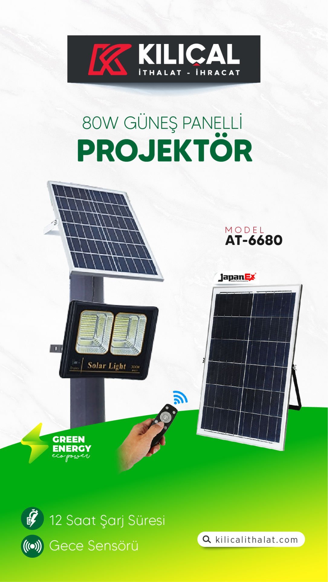 AT-6680 80W GÜNEŞ ENERJİLİ PROJEKTÖR 12 SAAT ŞARJ SÜRESİ MASTERPLUS