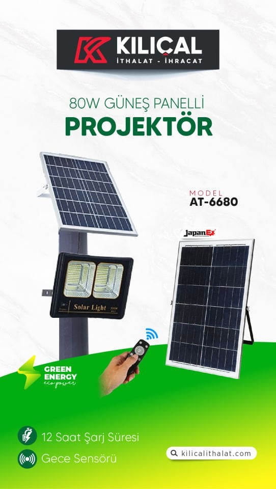 AT-6680 80W GÜNEŞ ENERJİLİ PROJEKTÖR 12 SAAT ŞARJ SÜRESİ MASTERPLUS
