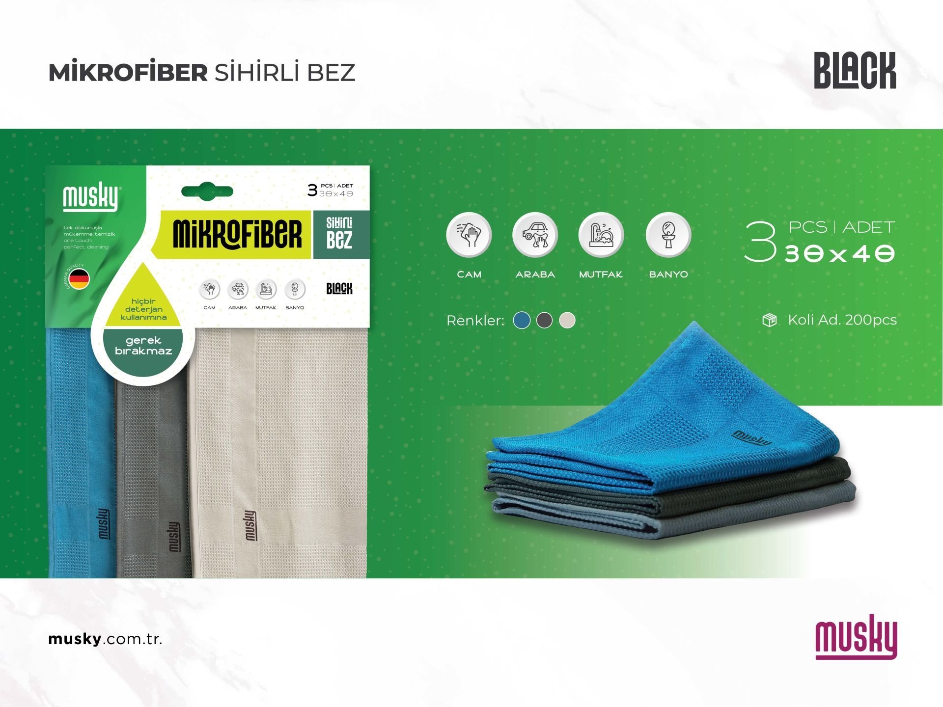 3'lü Mikrofiber Temizlik Bezi | Sihirli Bez | 3'lü Paket | Black Serisi | 40x30cm Cam,banyo,vitrin