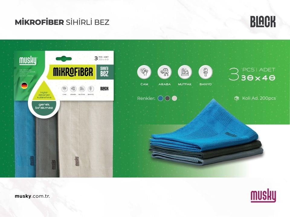 3'lü Mikrofiber Temizlik Bezi | Sihirli Bez | 3'lü Paket | Black Serisi | 40x30cm Cam,banyo,vitrin